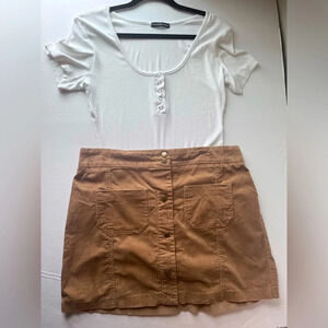 Women’s 2 piece outfit white ribbed top corduroy skirt
